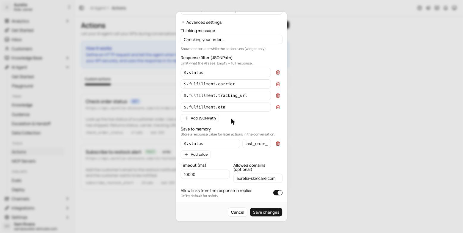 Advanced settings section of the action editor with the thinking message field, response filter JSONPath list, save-to-memory keys, timeout field, allowed domains input, and the response-links switch