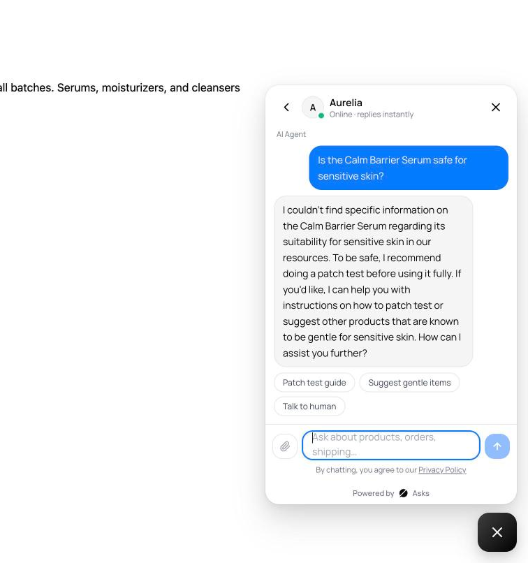 Chat widget conversation with an AI reply showing the AI Agent sender label above the message bubble