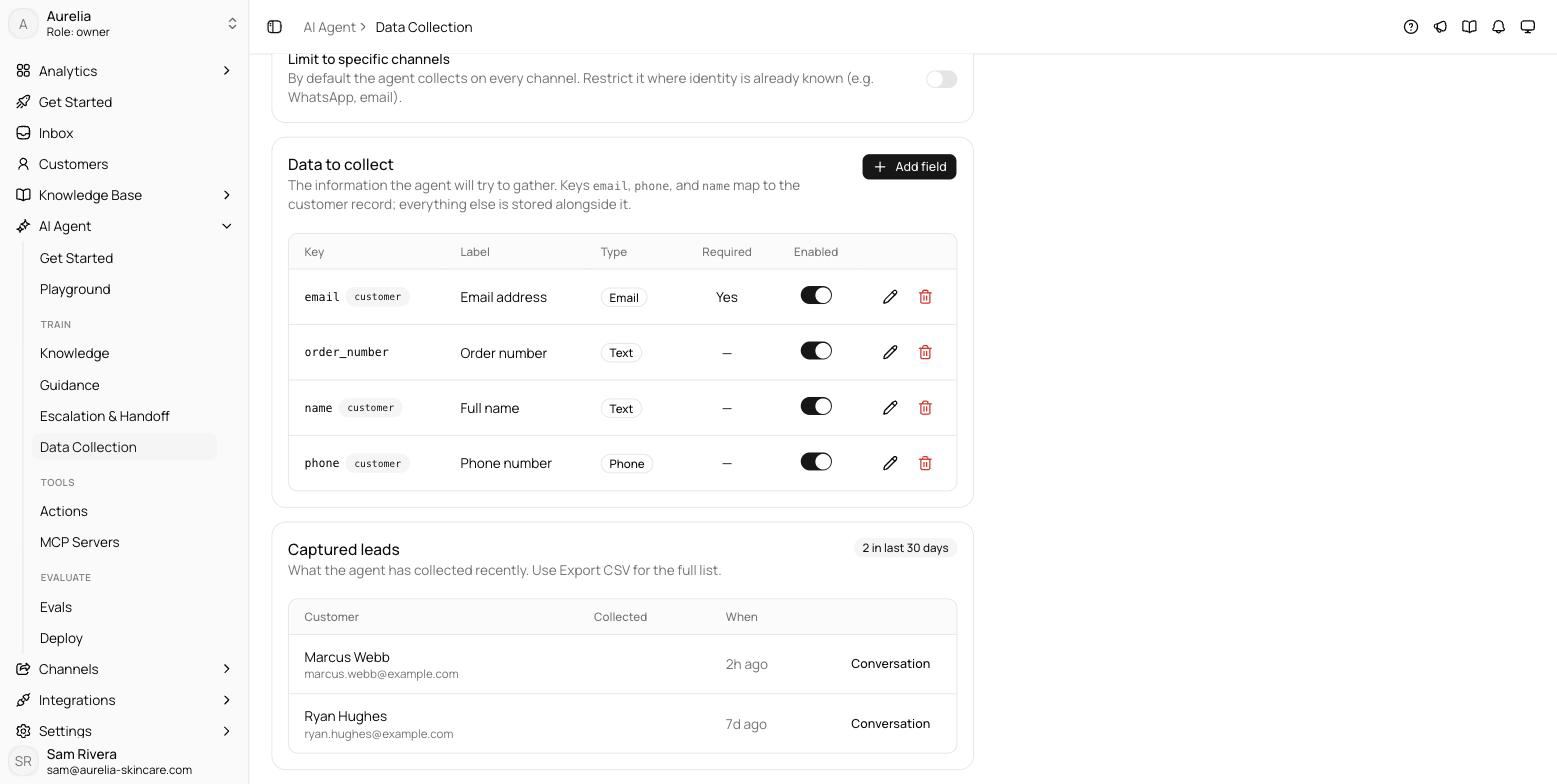 Data to collect table listing fields with key, label, type badge, required column, and per-field enable switches, with the Add field button and the Captured leads card below