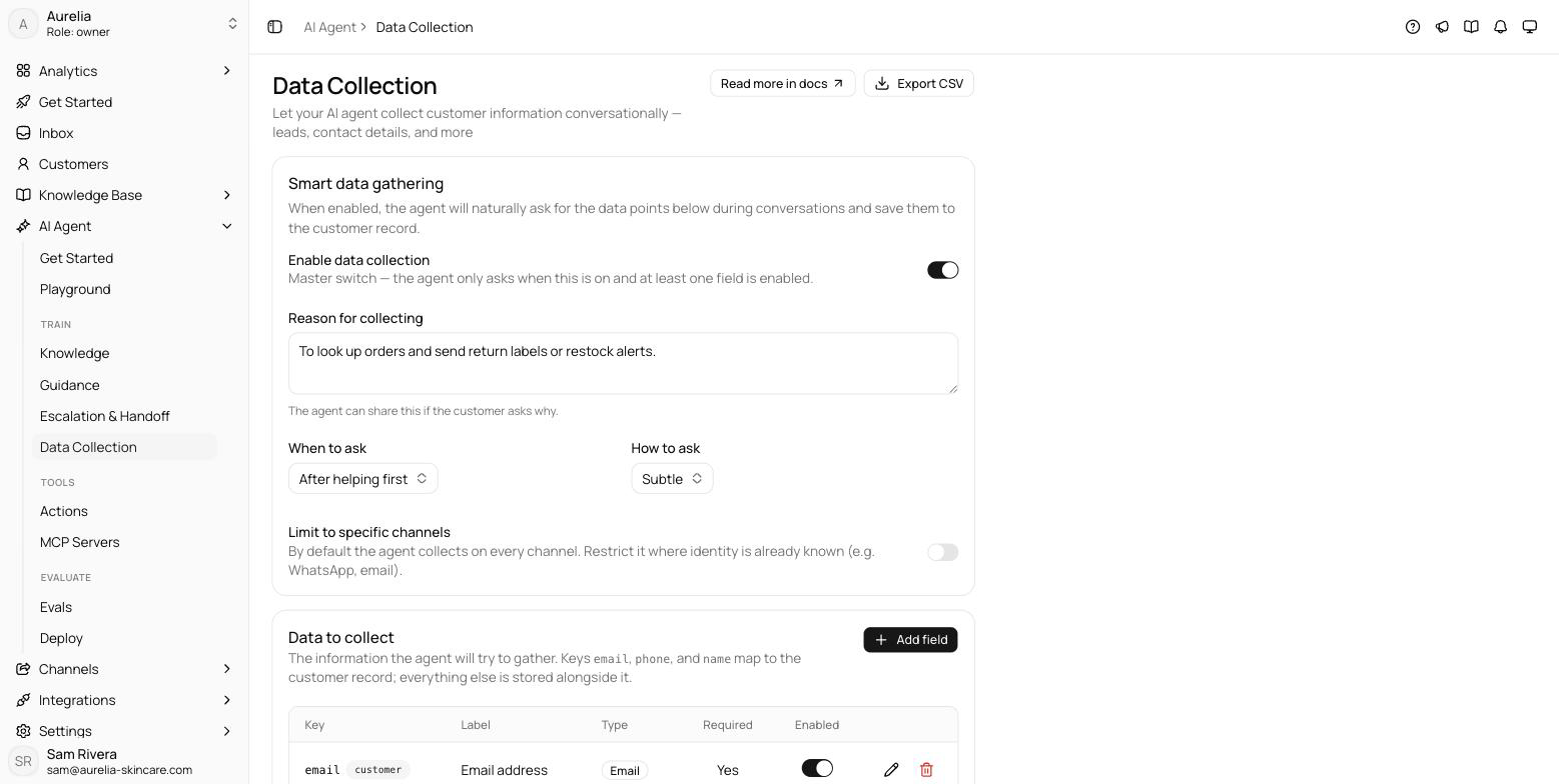 Smart data gathering card with the enable switch on, the reason textarea filled, the When to ask and How to ask selects, and the Limit to specific channels switch