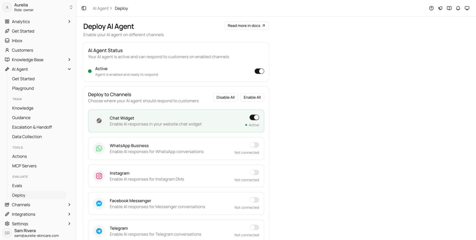 Deploy page listing channels — Chat Widget, WhatsApp Business, Instagram, Facebook Messenger, Telegram, Slack, API — each with its own AI toggle, with the Enable All and Disable All buttons visible