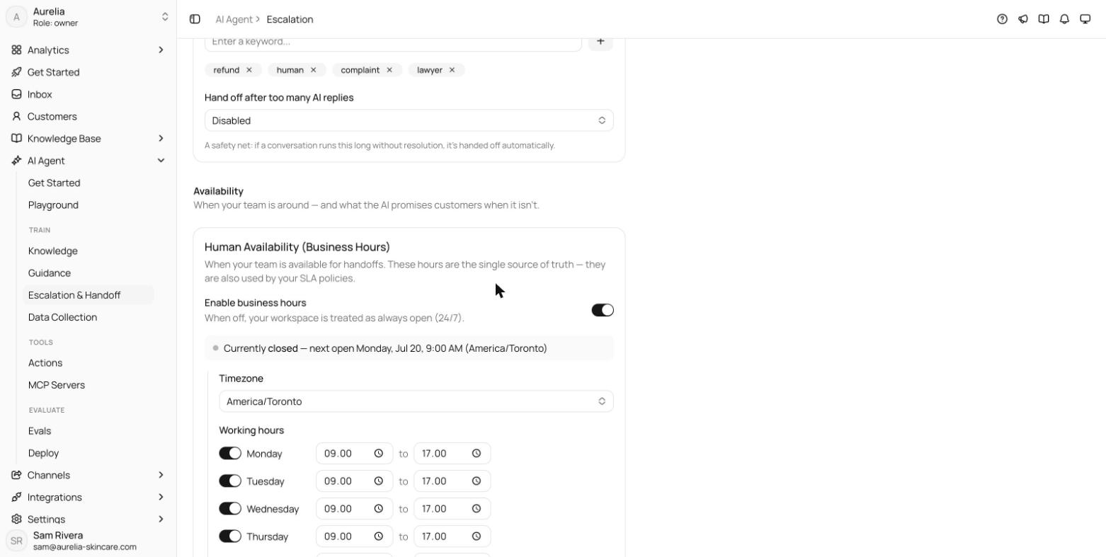 Human Availability card with business hours enabled, a timezone selected, weekday rows with start and end times, weekend days closed, and the live availability status line