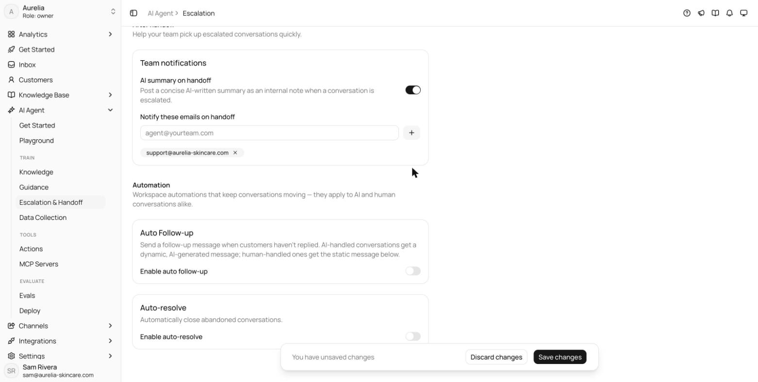 Team notifications card in the After handoff section with the AI summary on handoff toggle switched on and the notify-emails input holding an address chip