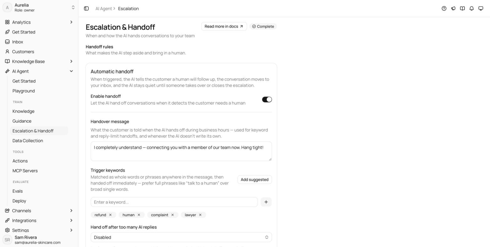 Handoff rules section with the Automatic handoff card showing the Enable handoff toggle on, the Handover message textarea, Trigger keywords with keyword chips and the Add suggested button, and the hand-off-after-replies select