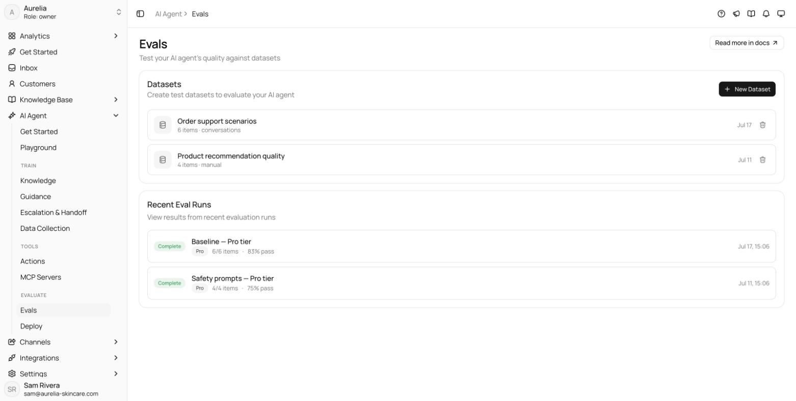Evals page on a Premium workspace with the Datasets card listing test datasets and the runs table showing run status badges and pass rates