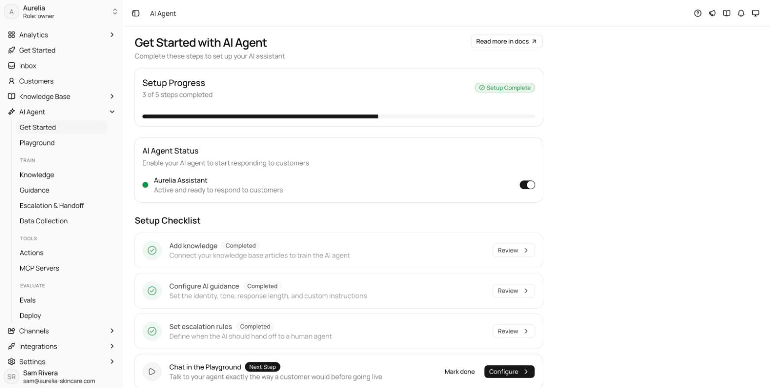 Get Started page with the setup progress card and the AI Agent Status card showing the green Active dot and the enable toggle switched on