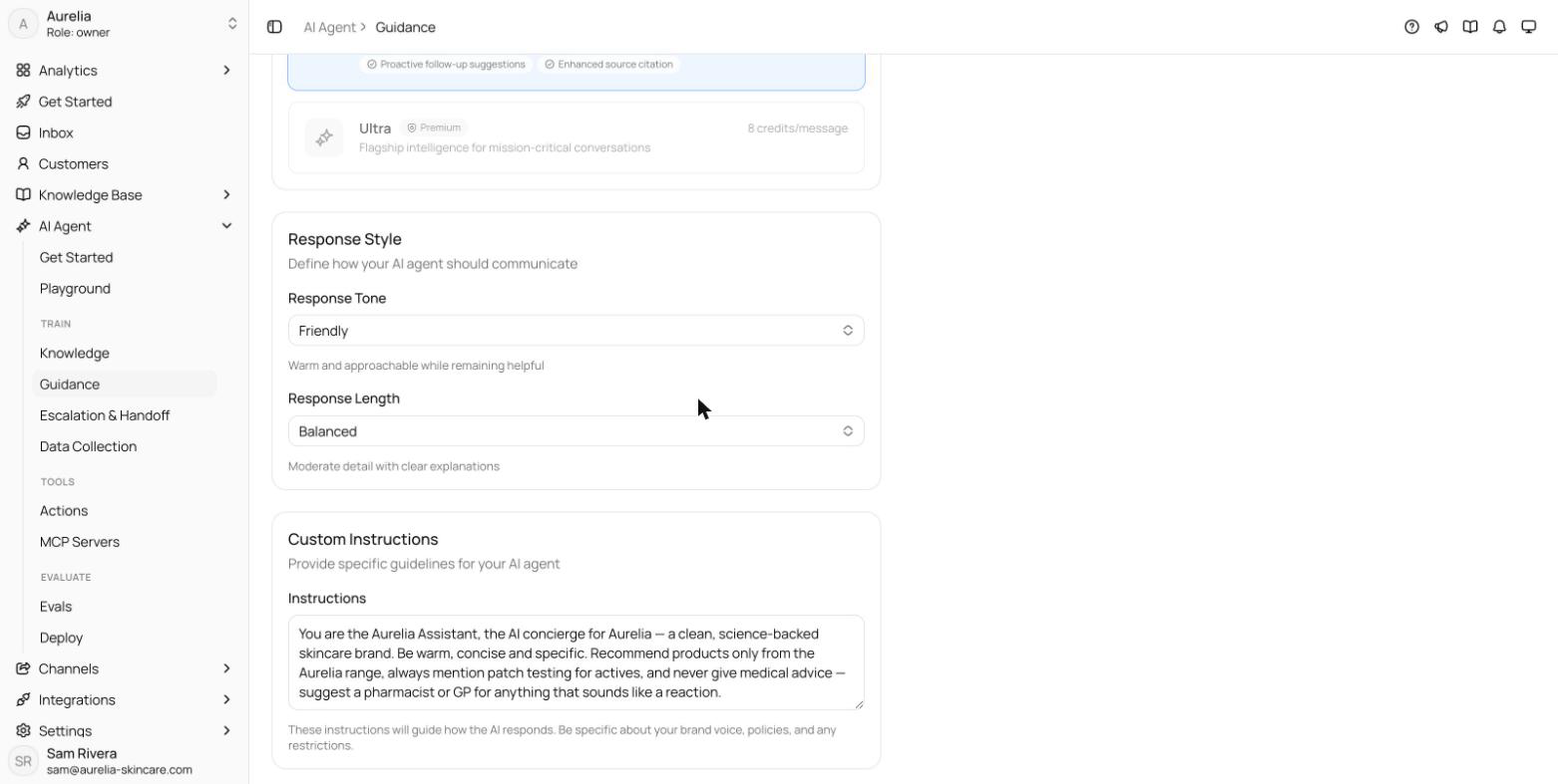 Response Style card with the Response Tone and Response Length selects and the Custom Instructions card below it
