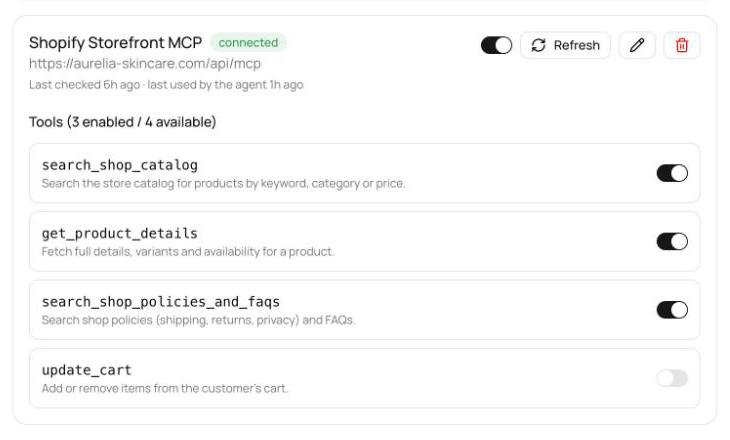 Connected MCP server card showing the connected status badge, the Enable server switch, the last-checked line, and the tools list with enabled and available counts and per-tool switches
