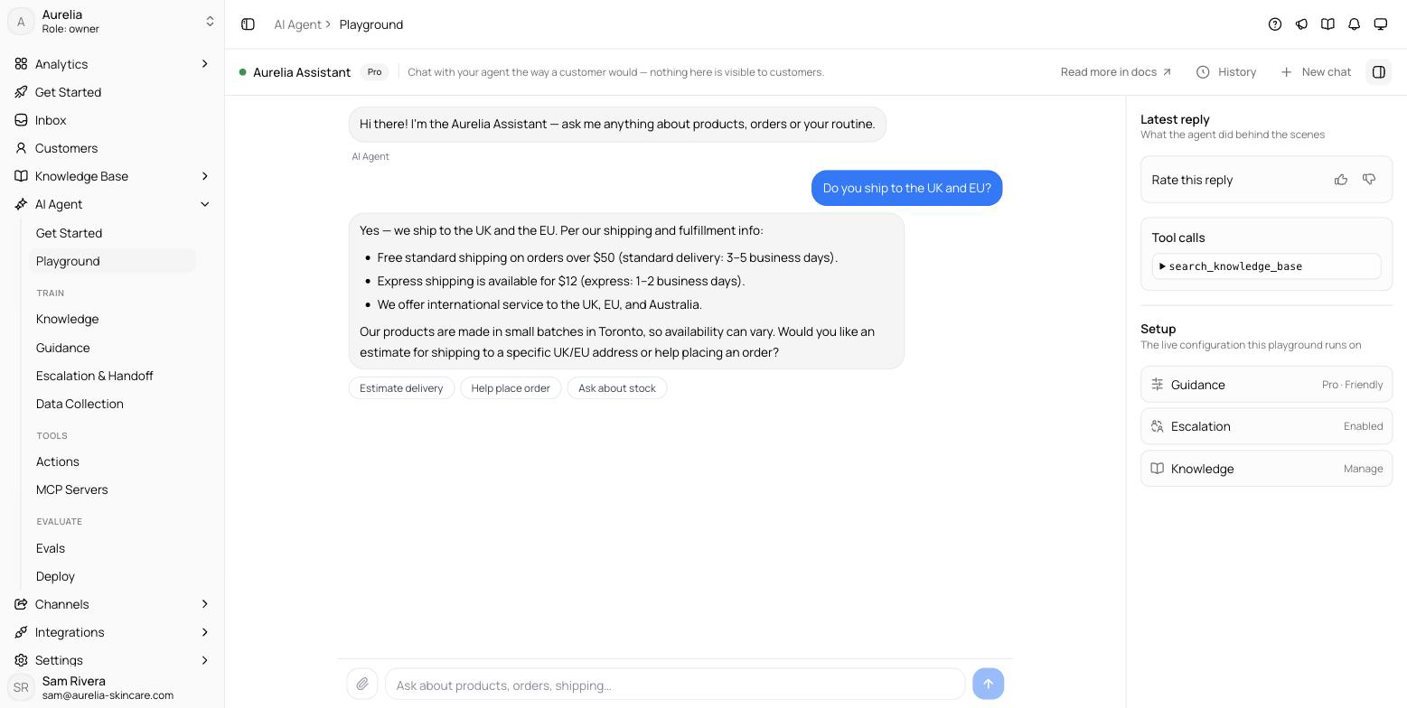 Playground with the toolbar showing the agent name and tier badge, a widget-styled chat with suggested starter questions, and the Response details rail open showing the reply rating, tool calls, and the Setup snapshot