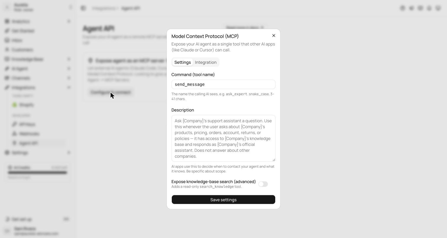 Configure and connect dialog on the Agent API page with the command tool name and description fields and the expose knowledge-base search toggle