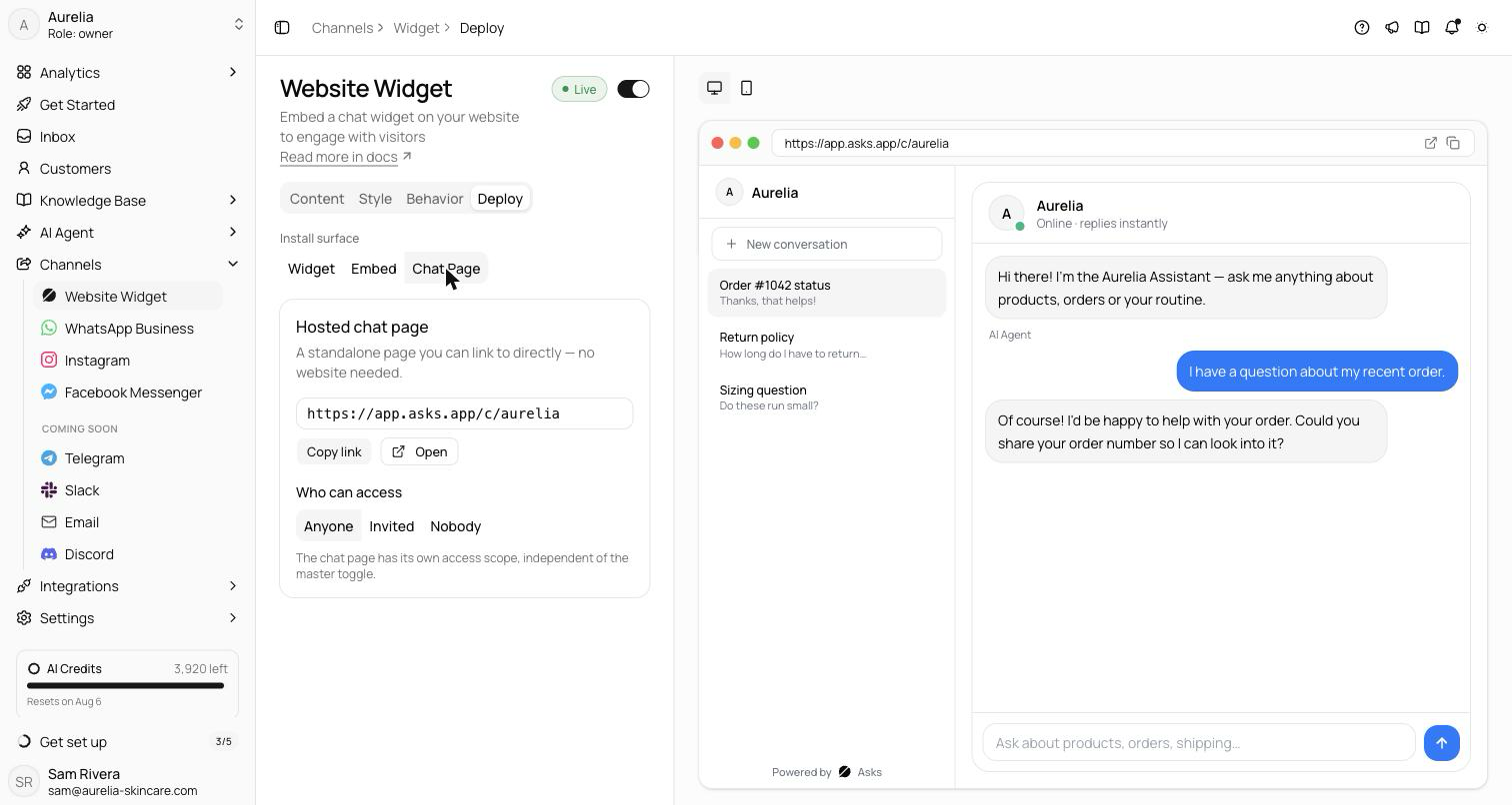 Deploy tab with the Chat Page surface selected, showing the hosted page URL with Copy link and Open buttons and the Anyone, Invited, Nobody access toggle