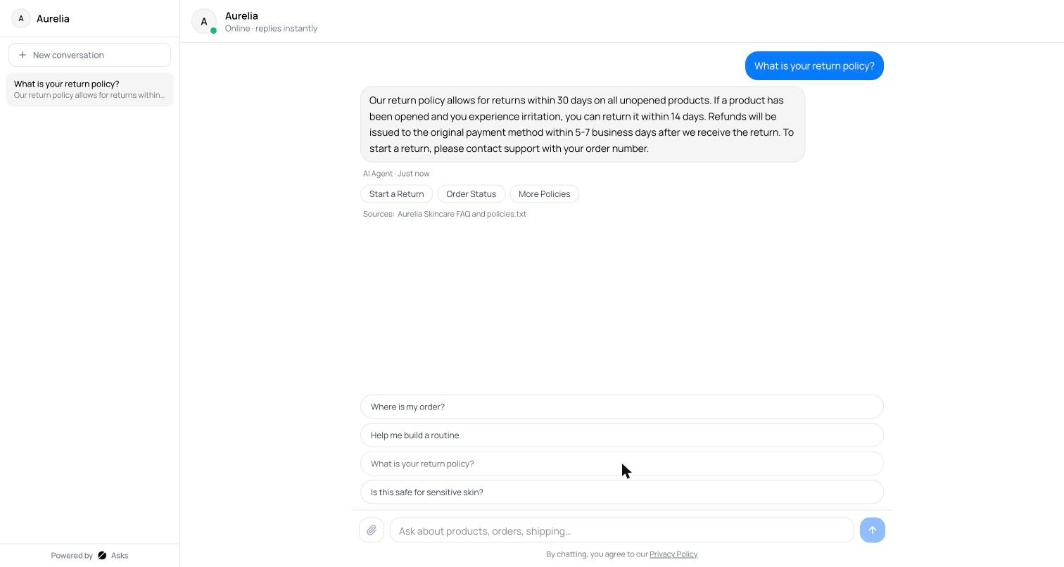 Public hosted Chat Page with the workspace name and logo in the header, the conversation rail with a New conversation button on the left, and an open chat thread in the center