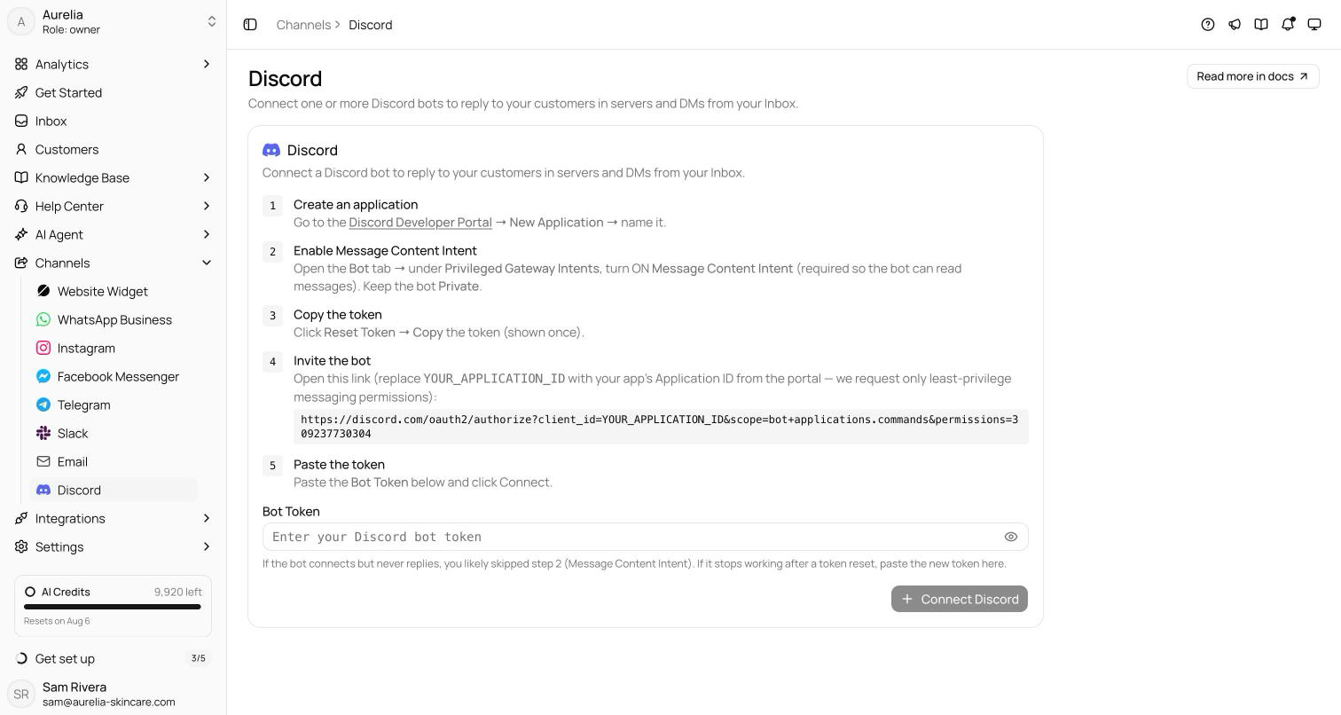 Discord channel empty state with the five-step setup guide, the invite URL, and the bot token field
