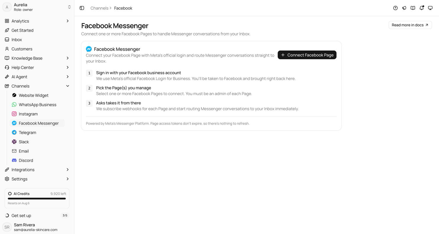 Facebook channel empty state with the Connect Facebook Page card and the three-step Facebook Login explainer