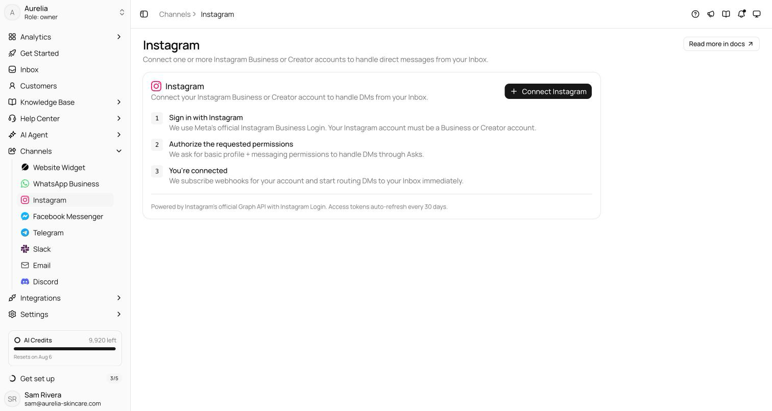 Instagram channel empty state with the Connect Instagram card and the three-step Business Login explainer