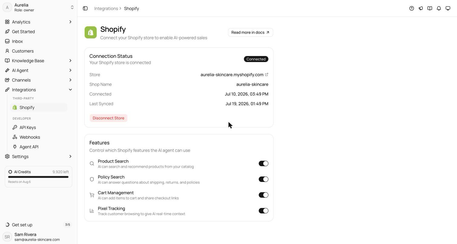 Shopify integration page showing the Connection Status card with a Connected badge, store domain, and Disconnect Store button, next to the Features card with the four feature switches