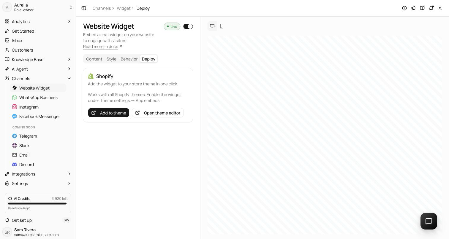 Widget Deploy tab in dedicated Shopify mode showing only the Shopify card with the Add to theme button and the works-with-all-themes note
