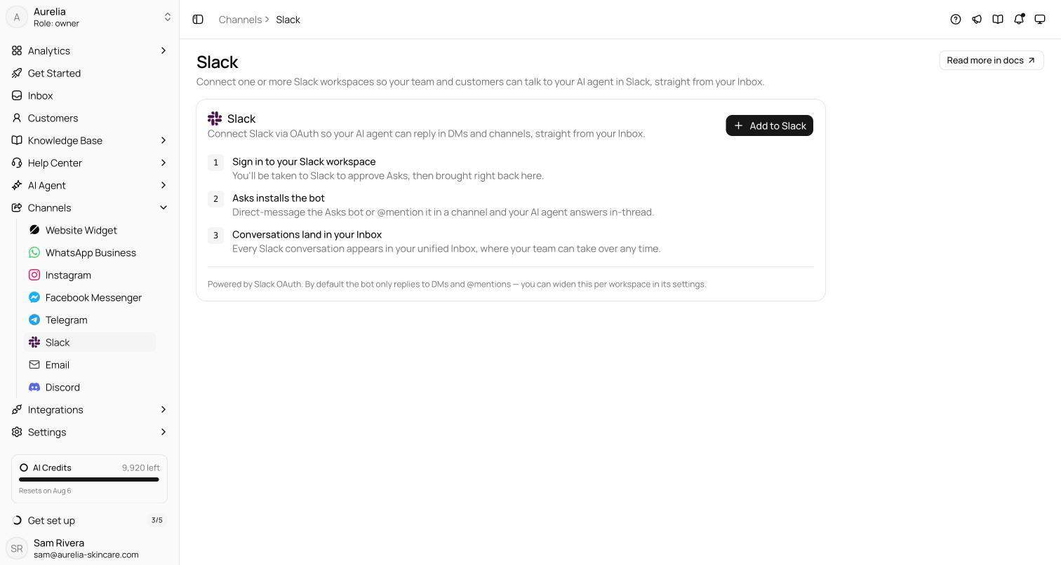Slack channel empty state with the Add to Slack card, the three-step explainer, and the note that the bot replies to DMs and mentions by default