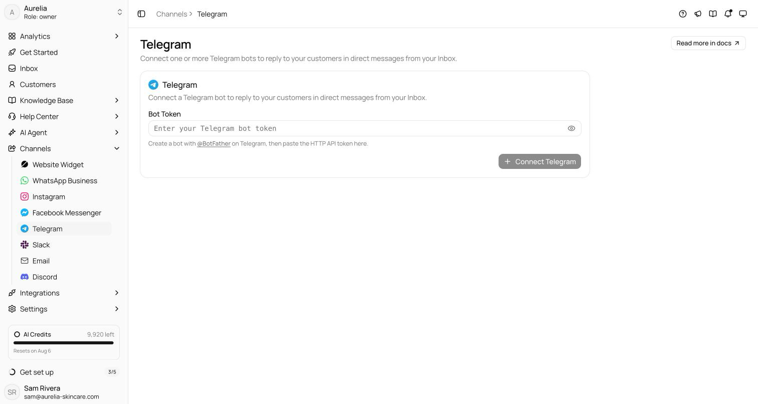 Telegram channel empty state with the masked bot token field, the BotFather helper link, and the Connect Telegram button