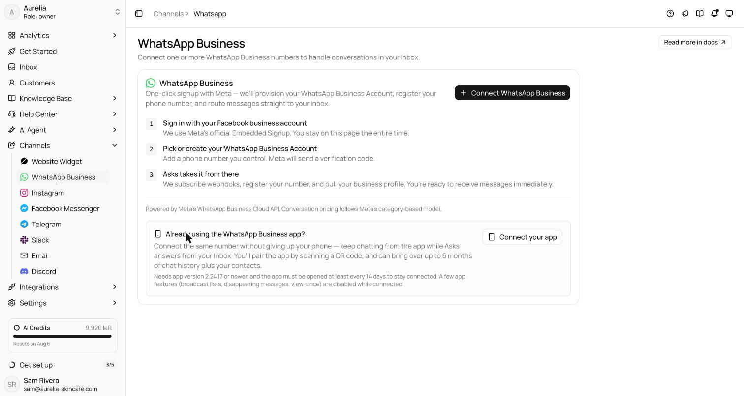 WhatsApp channel empty state with the Connect WhatsApp Business card, the three-step Embedded Signup explainer, and the WhatsApp Business app coexistence panel below it