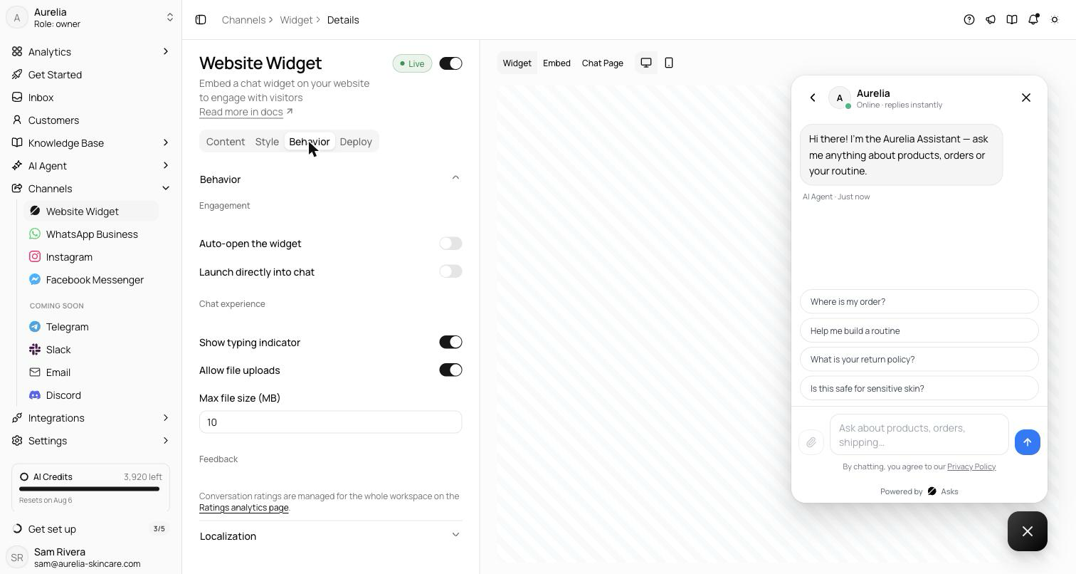 Behavior tab with the Behavior section expanded showing the Engagement and Chat experience switch groups and the Feedback note linking to the Ratings analytics page