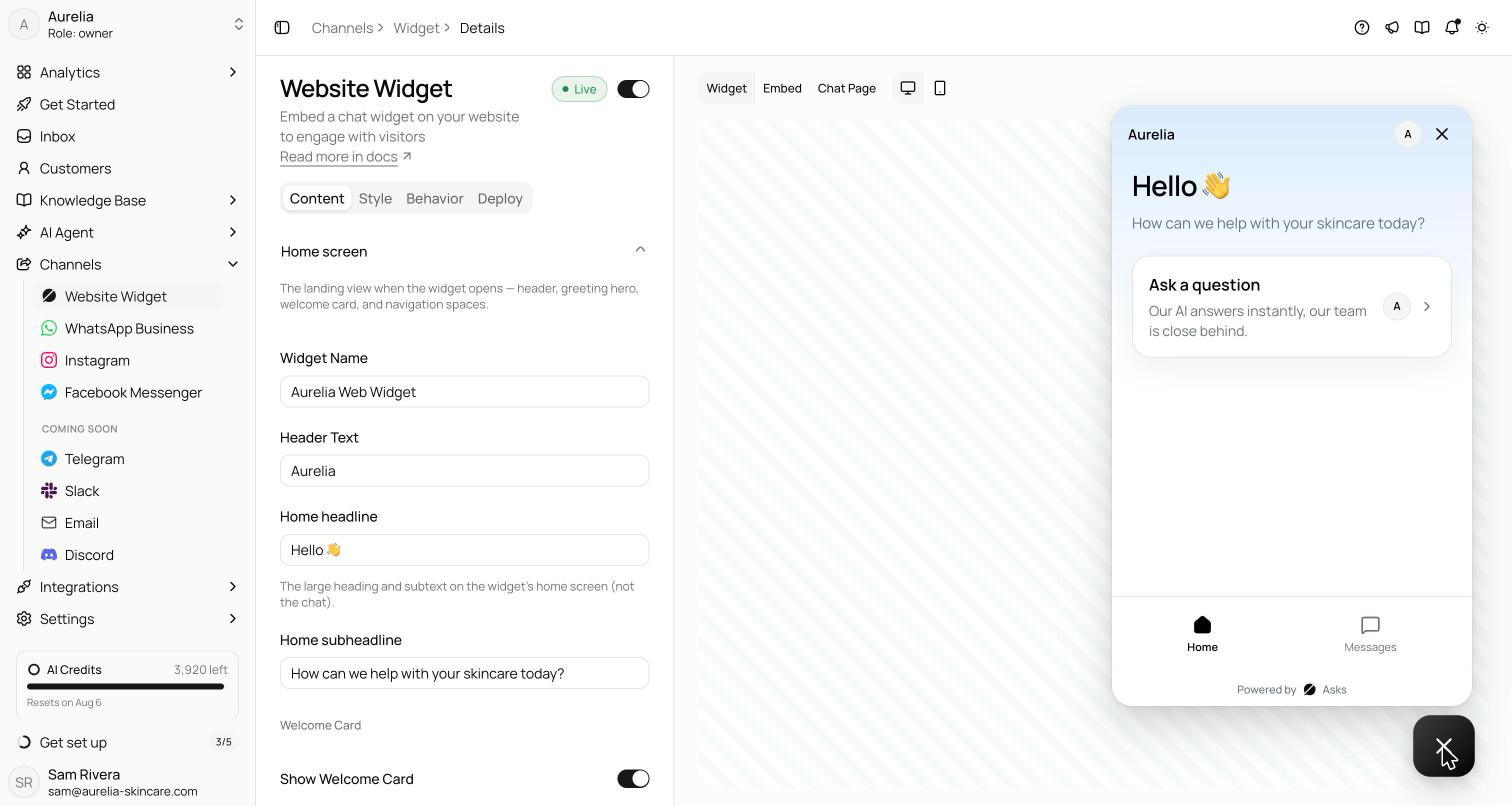 Website Widget page header with the Live status pill, the master toggle switched on, and the Content, Style, Behavior, Deploy tab strip above the settings form, with the live preview on the right
