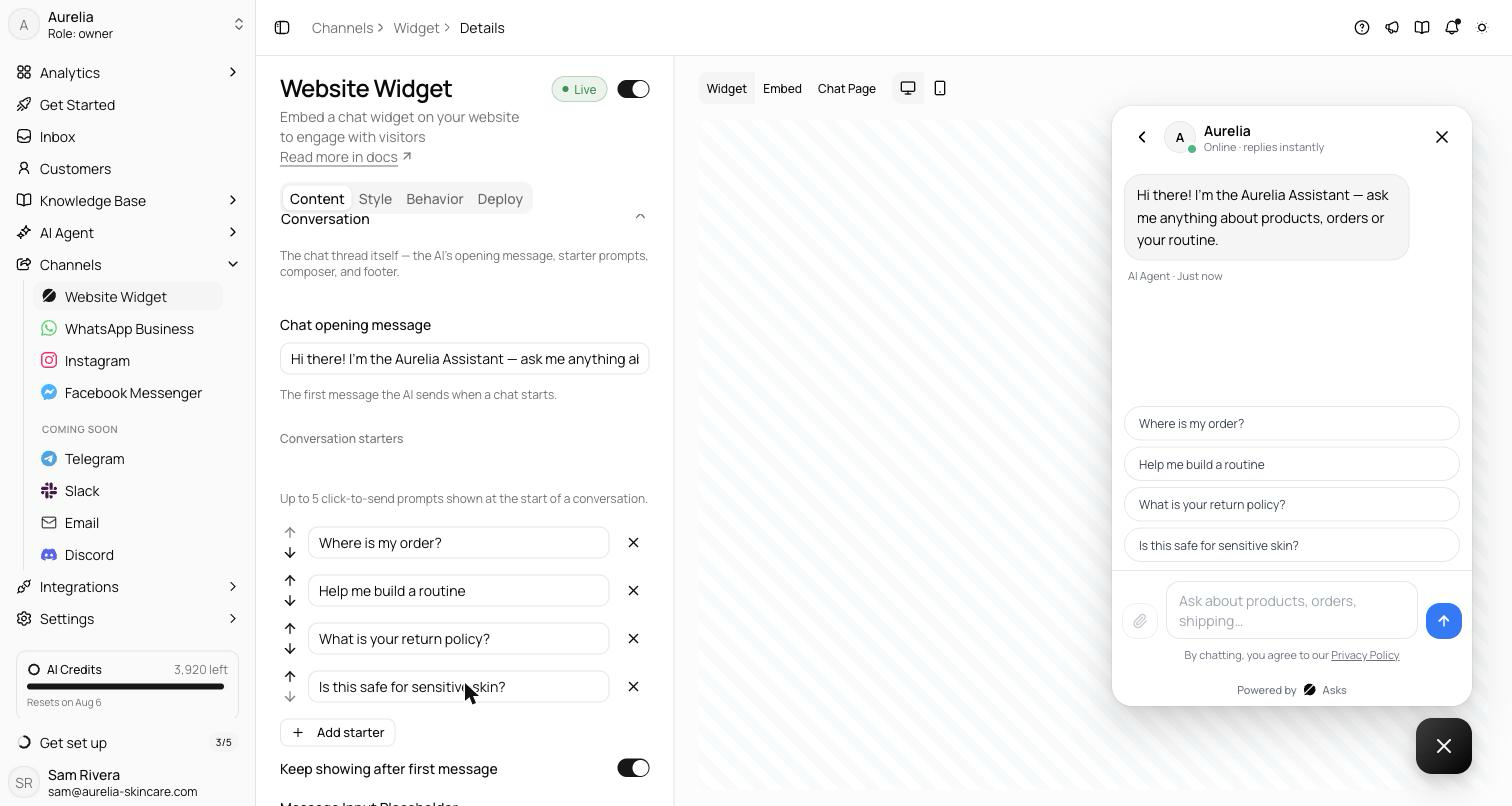Content tab with the Conversation section expanded showing conversation starters with reorder and remove controls, the keep-showing toggle, and the message input placeholder field