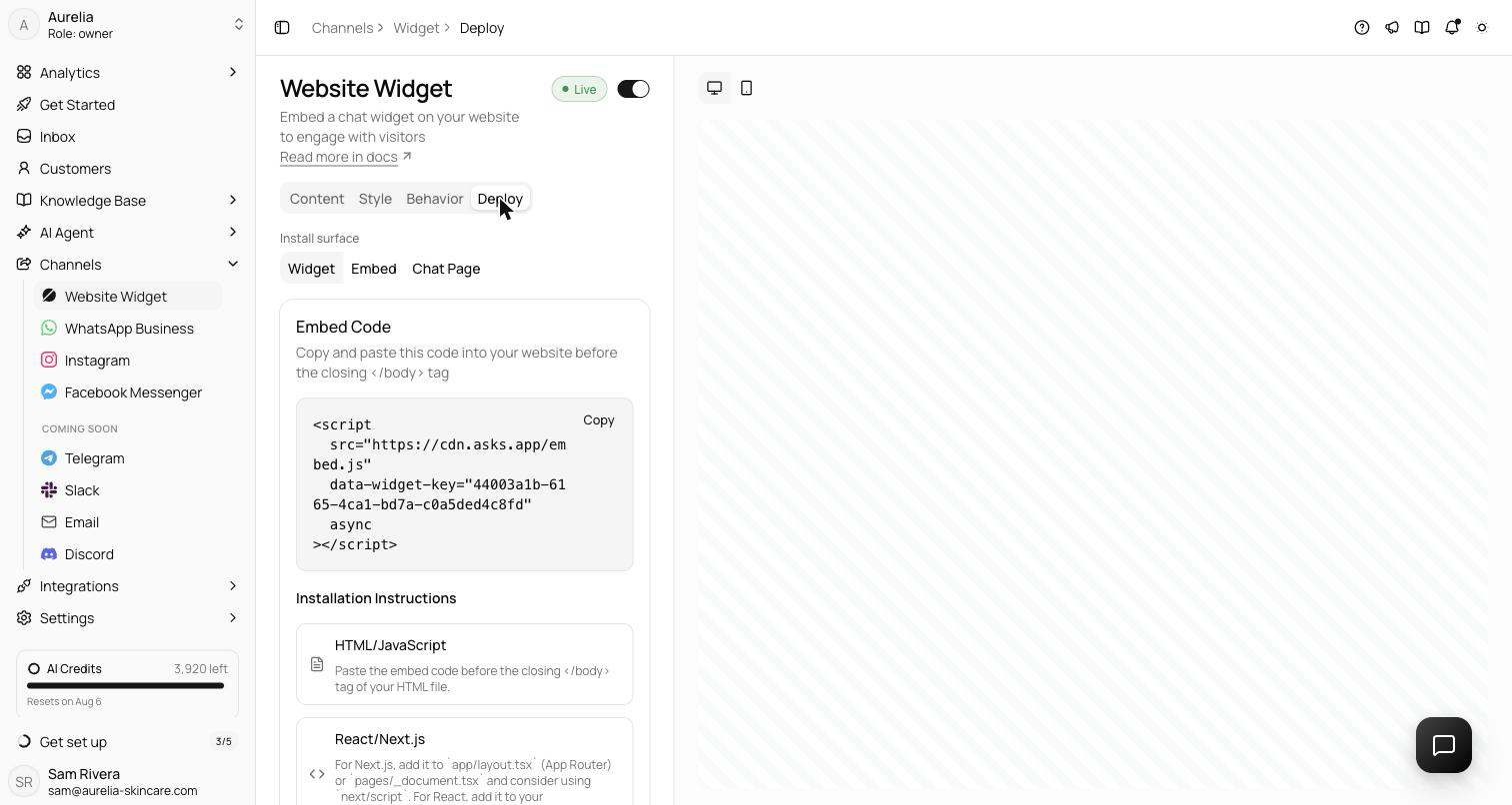Deploy tab with the Widget, Embed, and Chat Page switcher, the Widget surface selected, the embed code card with a Copy button, and the live preview on the right