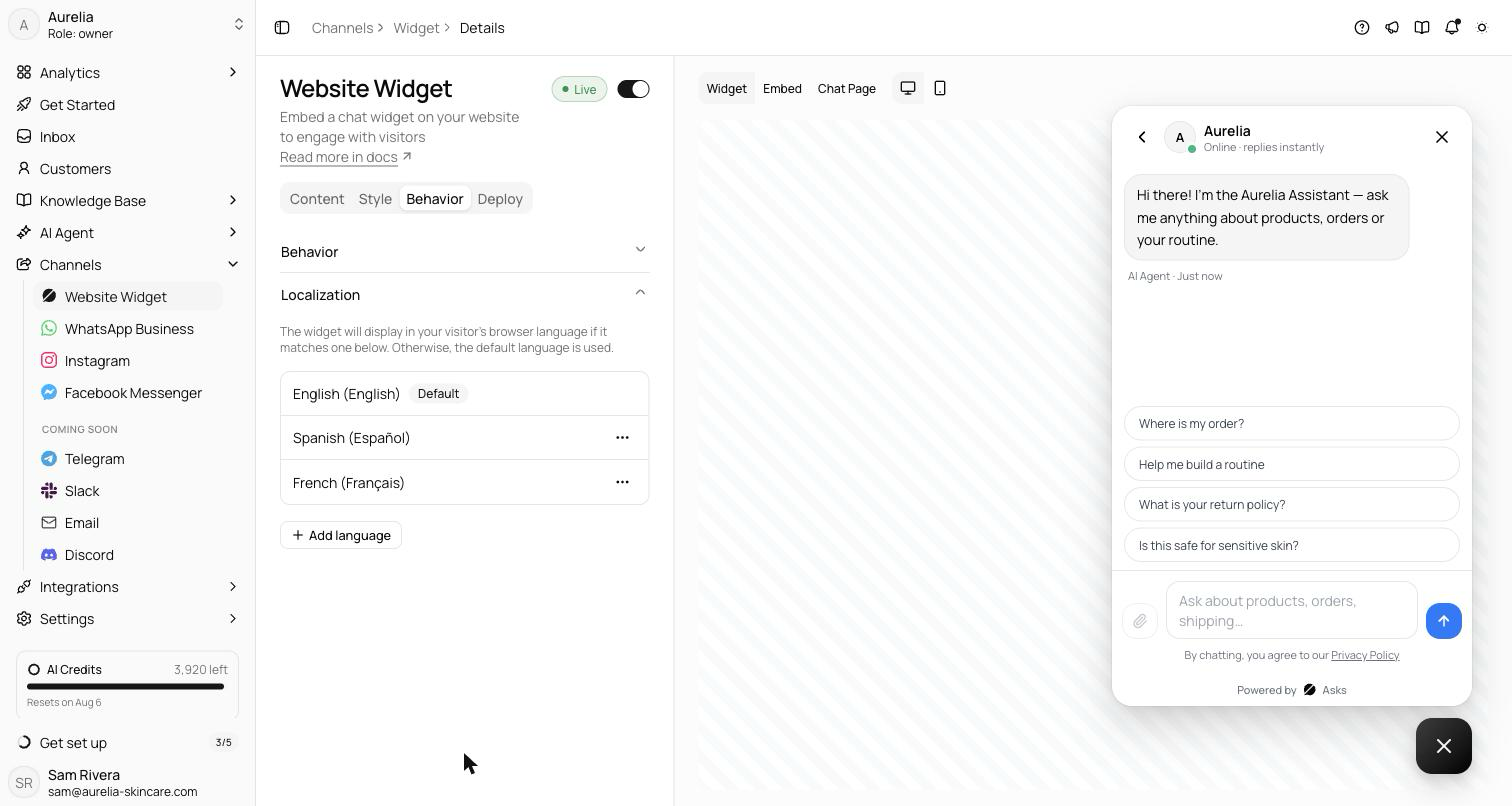 Behavior tab with the Localization section expanded showing a list of enabled languages with a Default badge on the first row and an Add language button below