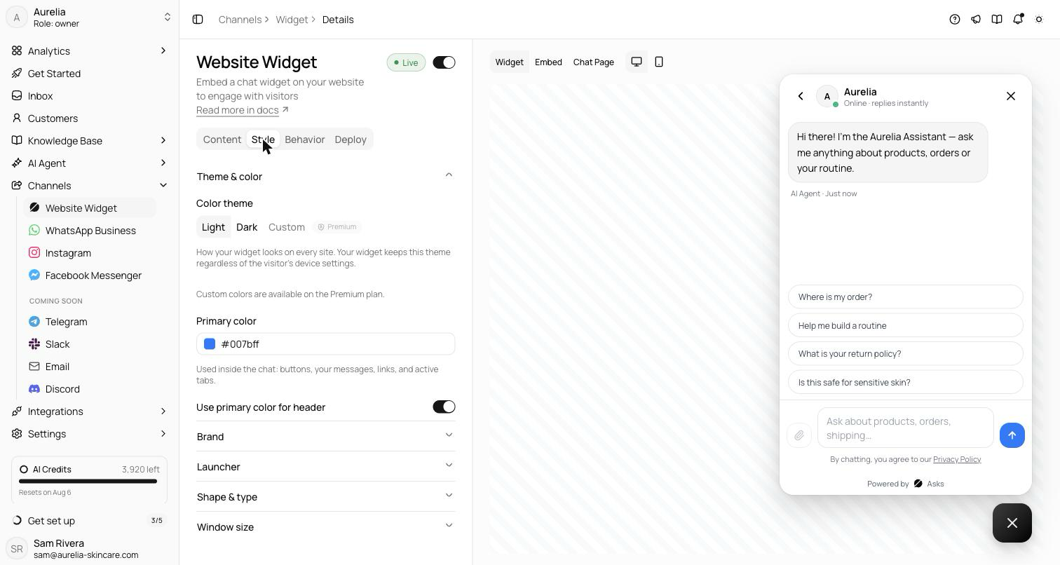 Style tab with the Theme and color section expanded showing the Light, Dark, and Custom (Premium) theme options and the primary color field, with the live preview on the right