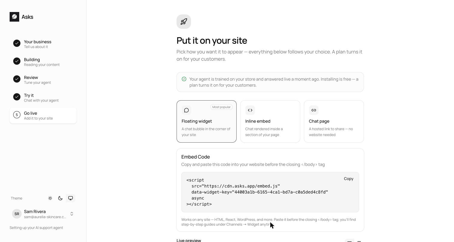 Onboarding go-live step with the surface picker showing floating widget, inline embed, and chat page cards above the embed code snippet
