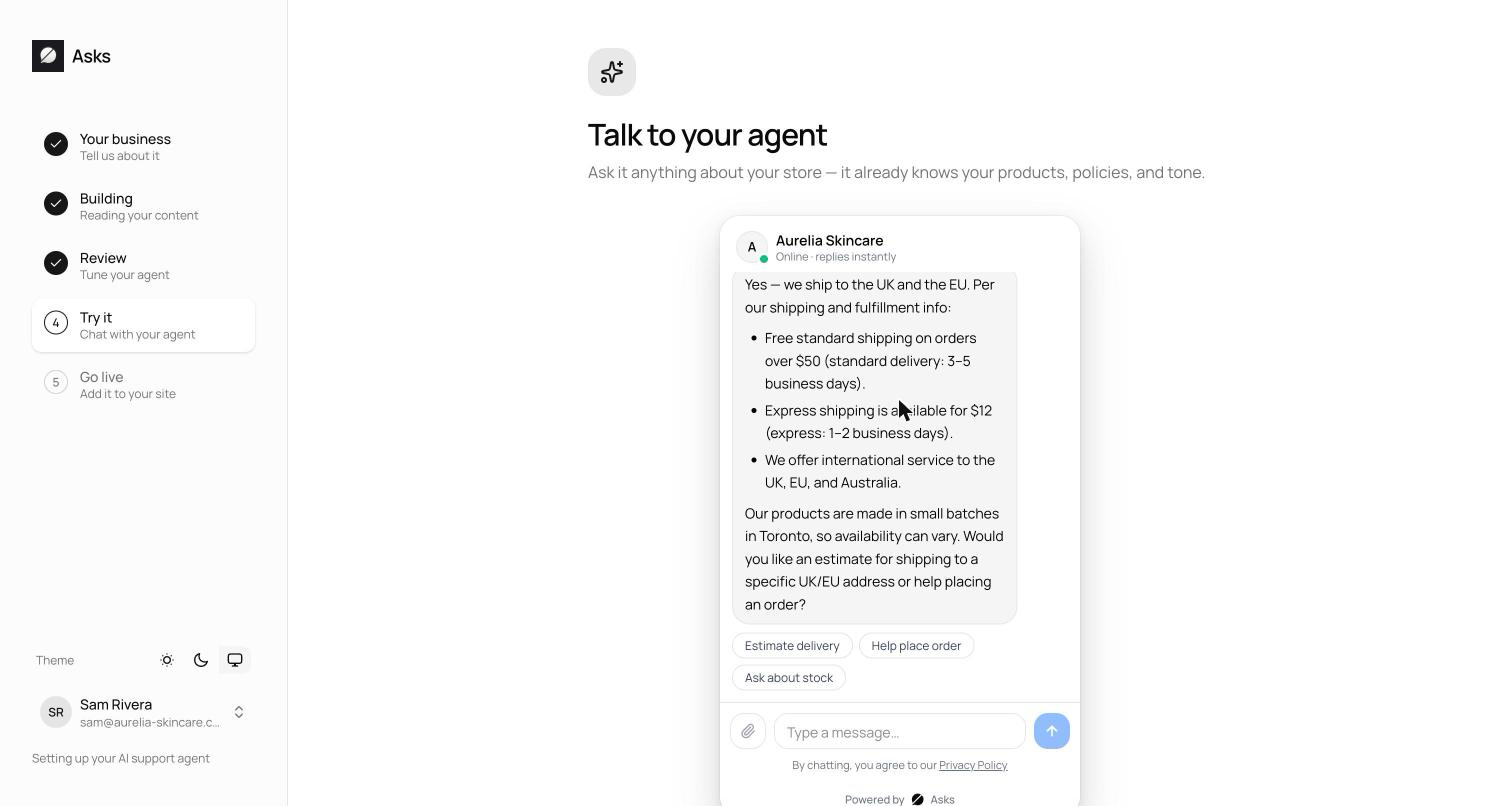 Onboarding playground step with a live chat against the freshly built agent and the Put it on my site button