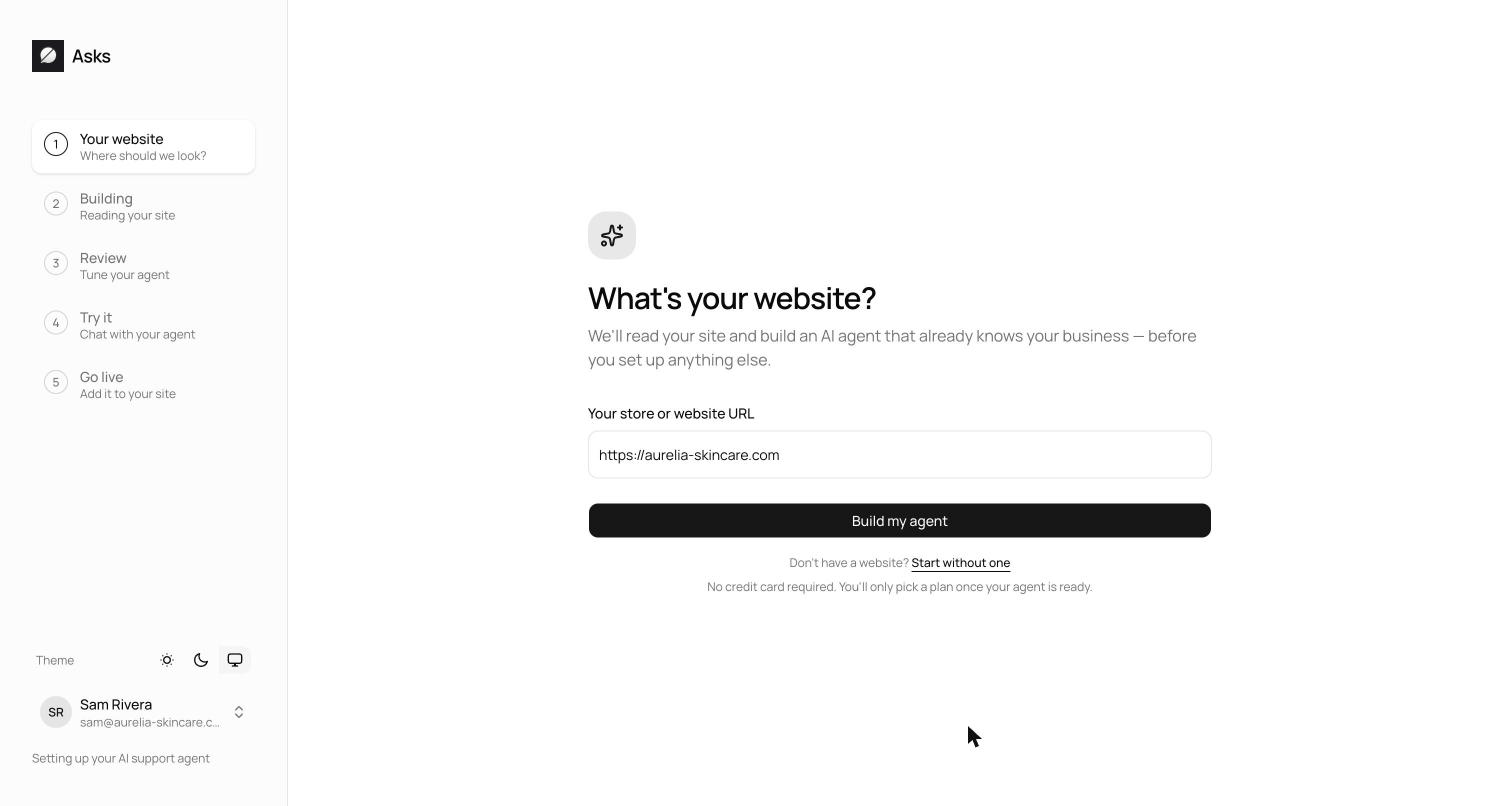 Onboarding step 1 with the store or website URL field, the Build my agent button, and the Start without one link below the form