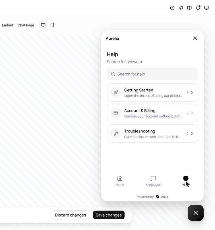 Chat widget open on the Help space showing help center collections and a search bar