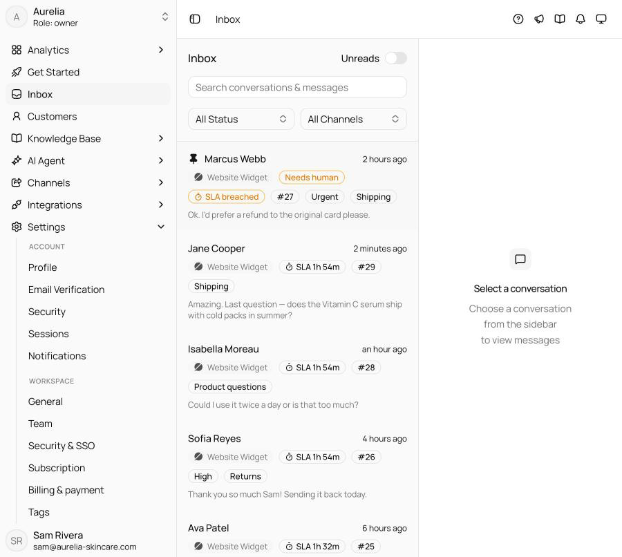 Inbox conversation list with rows showing channel badges, ticket numbers, a priority badge, a tag badge, an amber Needs human badge, an SLA countdown chip, and one pinned row with a tinted background