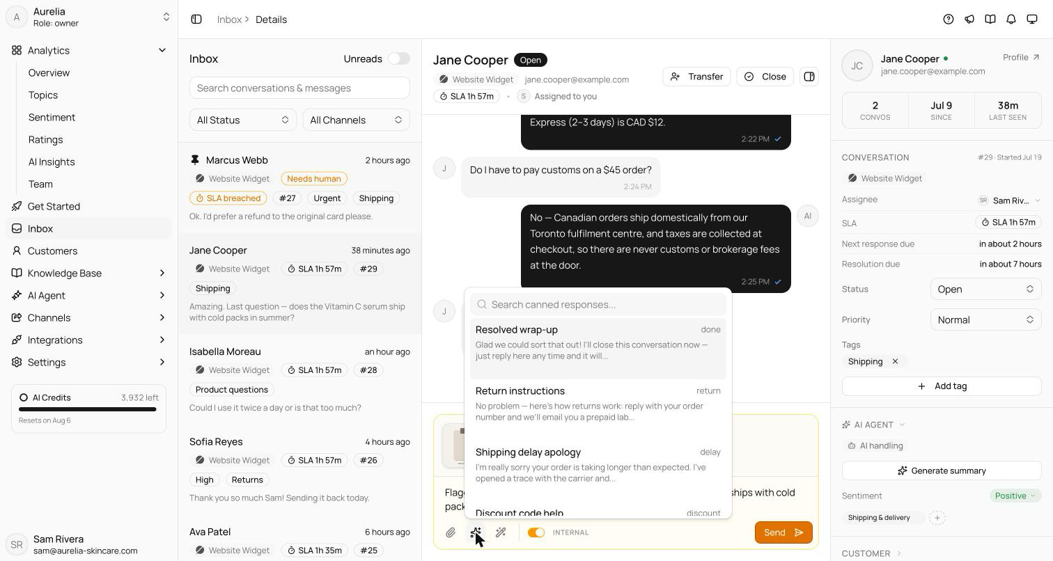 Inbox reply composer with the internal note switch on and the composer amber, the canned responses picker open, an attachment thumbnail chip staged, and the AI assist wand button visible