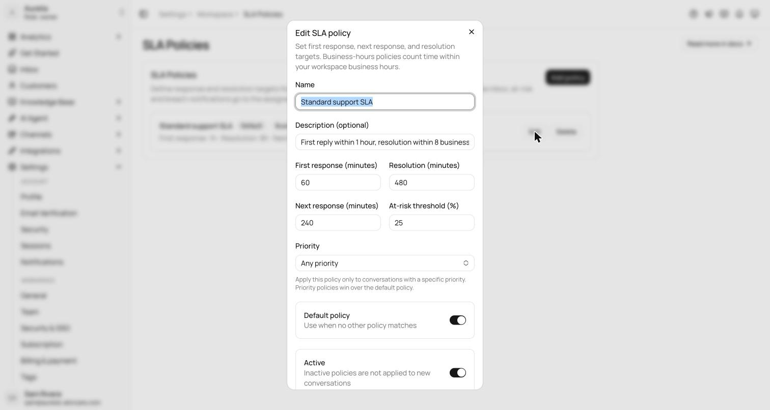 SLA policies settings page with the policy editor open showing name, first response, next response, and resolution targets in minutes, a single priority select, at-risk threshold percentage, default policy flag, and business hours only toggle