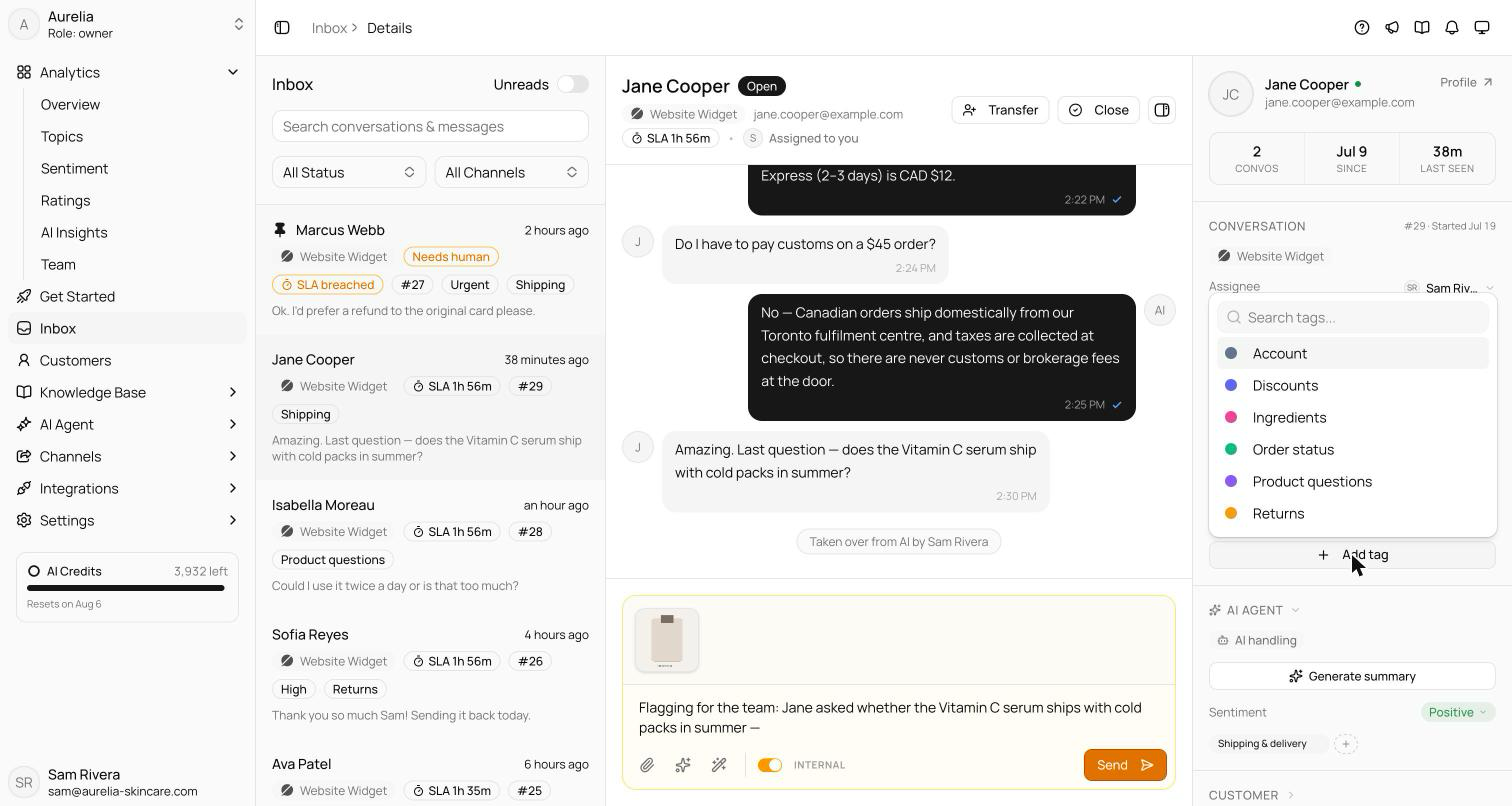 Ticket attributes in the inbox customer panel's Conversation section with the tags picker popover open showing workspace tags