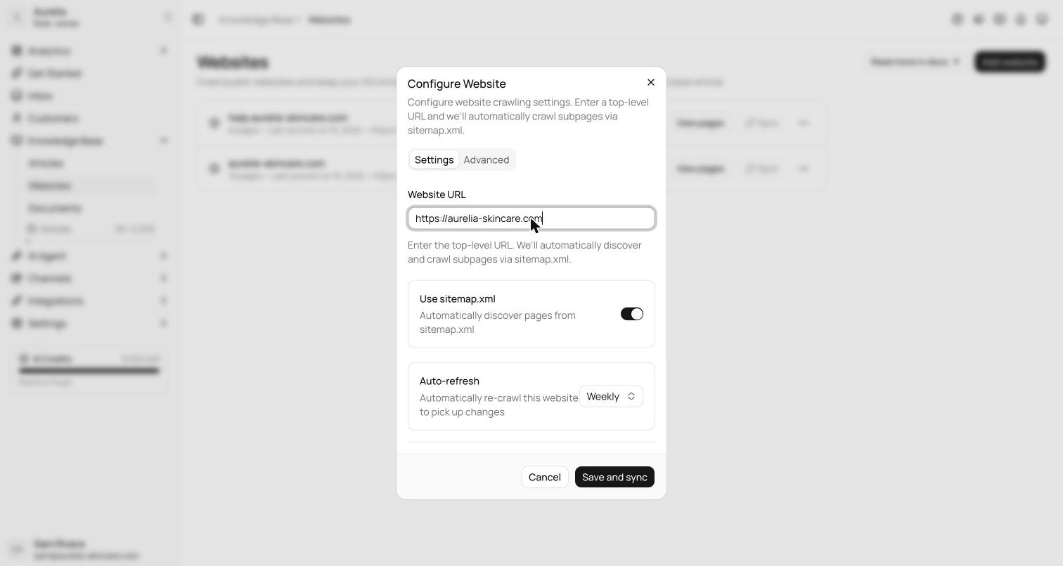 Configure Website dialog on the Settings tab with Website URL field, Use sitemap.xml toggle, and Auto-refresh cadence select, with an Advanced tab next to the Settings tab