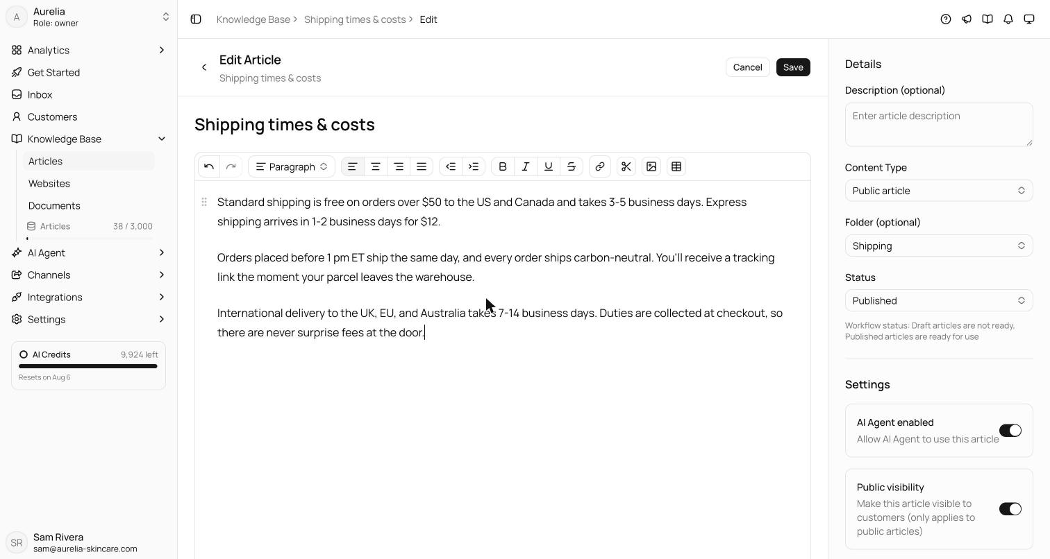 Article editor with title field, rich-text body, and a details rail showing Content Type, Folder, Status, AI Agent enabled, and Public visibility controls