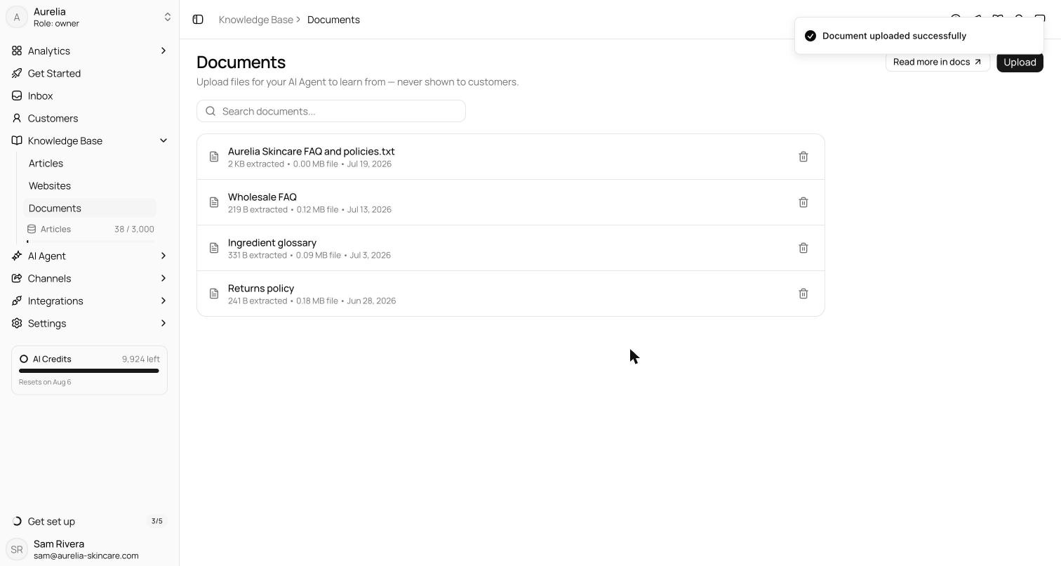 Documents list with a search box and rows showing each file's extracted text size, raw file size, upload date, and a delete action