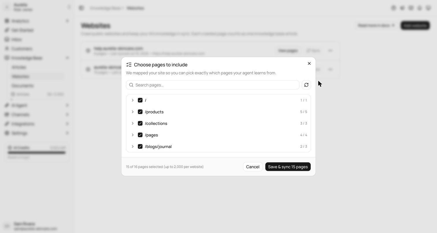 Choose pages to include dialog listing mapped URLs grouped by path with checkboxes, a search box, a re-map button, and a selected-count footer