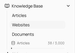 Knowledge Base sidebar group footer meter showing articles used versus the plan's article limit with a progress bar