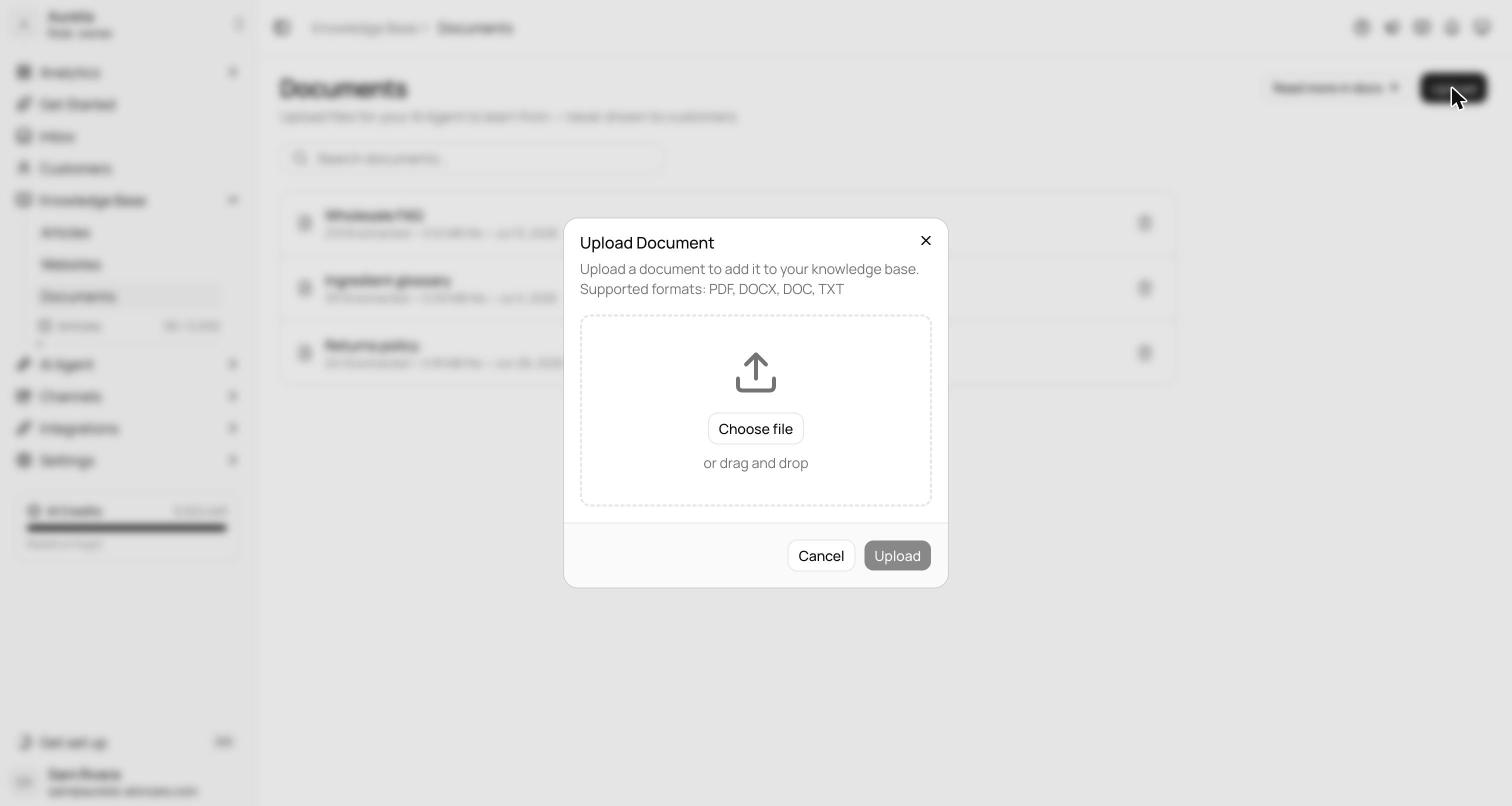 Upload Document dialog with a Choose file button and a drag-and-drop zone