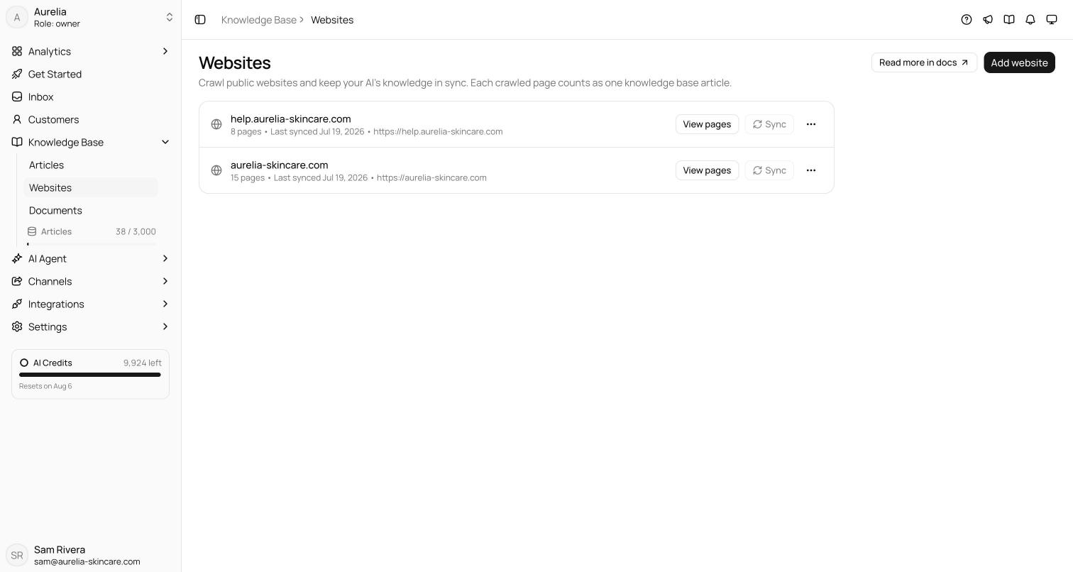 Websites page with the sidebar's Knowledge Base group expanded, website sources listed with page counts and sync times, and the Articles meter in the sidebar footer