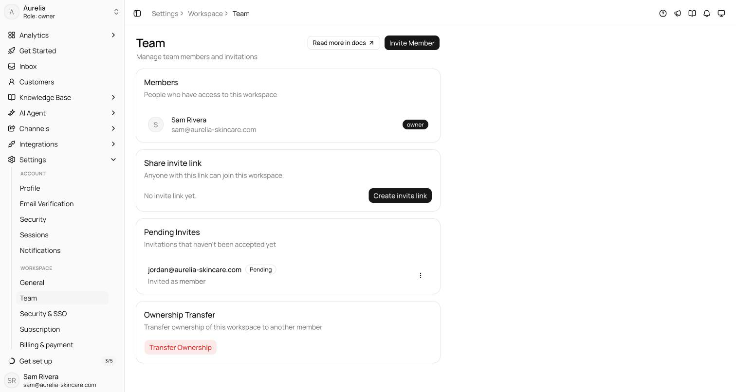 Workspace Team settings with the members list, the shareable invite link card, the pending invites list, and the ownership transfer card
